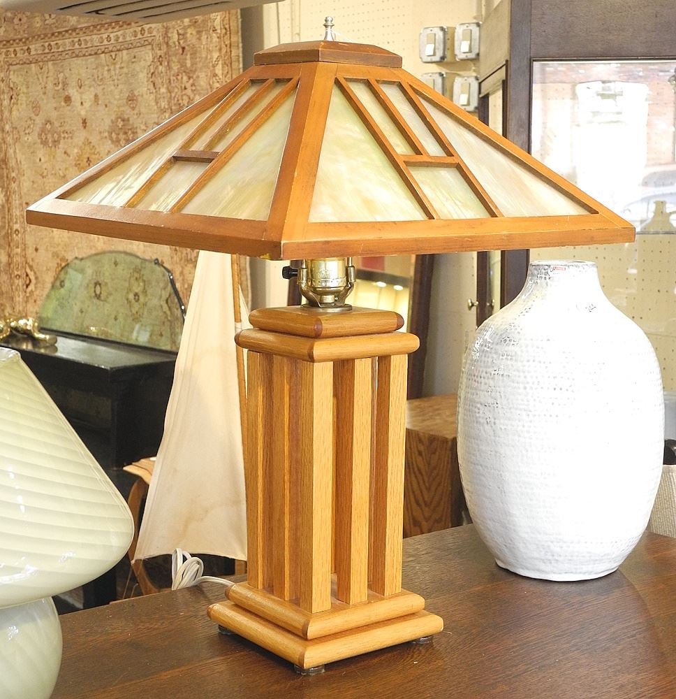 Prairie-Style Table Lamp with Iridescent Glass Shade, 21 3/4". (1 of 3)