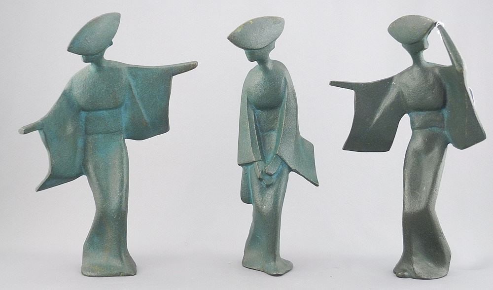 Three Cast Iron Japanese Figures C. 1960's, Approximately 9 1/2"h. (1 of 2)