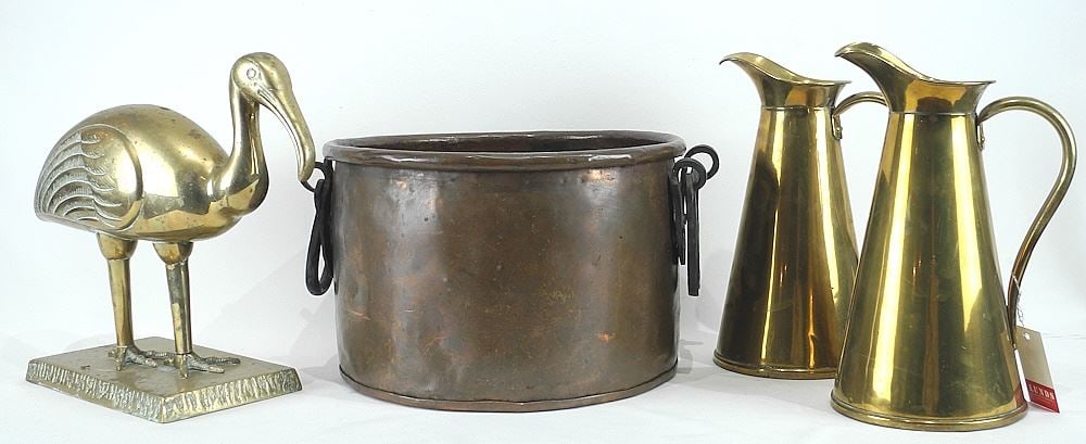 4 Brass & Copper Items: Pail (8 1/2" h) / 2 J,S&S Pitchers / Bird. (1 of 3)