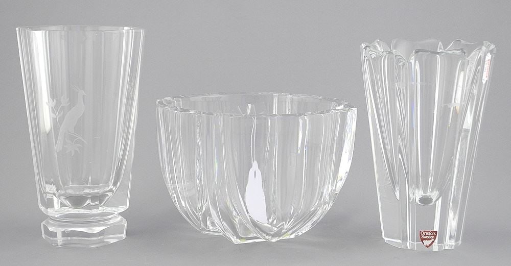 Three Orrefors Sweden Vases & Bowl, 3 7/8" - 6" (etched vase base chip).: Three Orrefors Sweden Vases & Bowl, 3 7/8" - 6" (etched vase base chip).