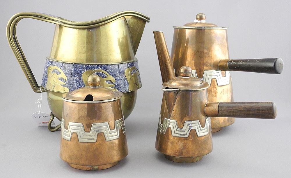 Mexican Silver Banded Copper Coffee Service (7 1/4") Marked Faintly & Brass Pitcher (hinge noted (1 of 4)