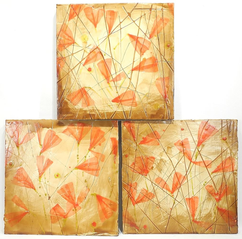 Encaustic & Oil on Panel Triptych signed WM (William) LaChance, Each 18" x 18", "Vermillion Eli (1 of 5)