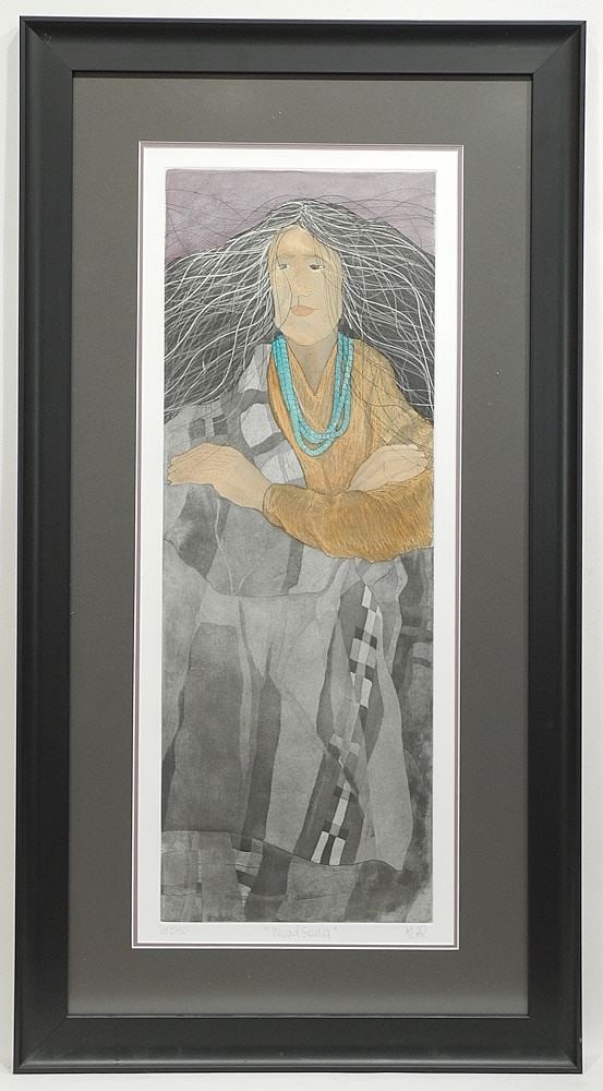 Coloured Etching signed (Irene) Klar, 30" x 12", "Wind Song", #45/250. (1 of 3)