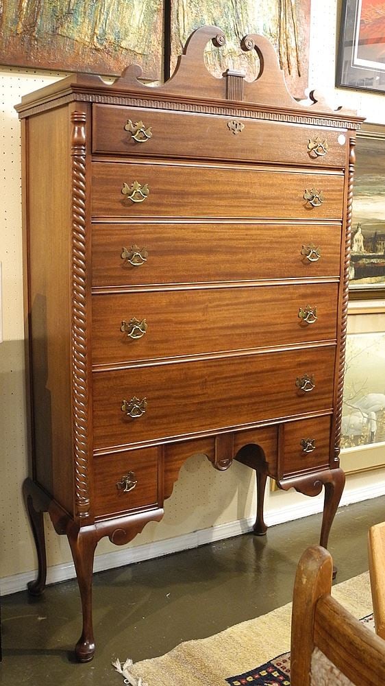 Malcolm Colonial Mahogany High Boy Dresser, 70 1/2"h.: Malcolm Colonial Mahogany High Boy Dresser, 70 1/2"h.