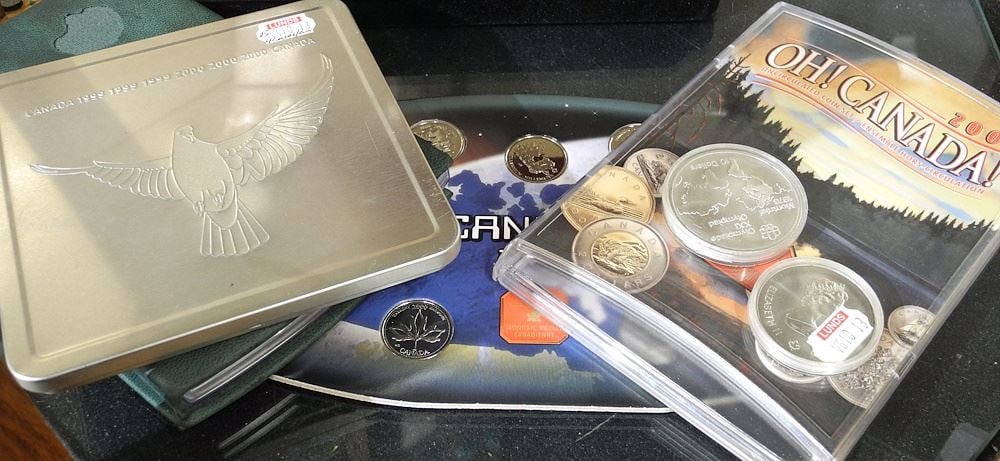 Two Canada 2000 Proof Coin Sets / 2000 Stamp Set / 2000 Quarters / Marked $5 & $10. (1 of 2)