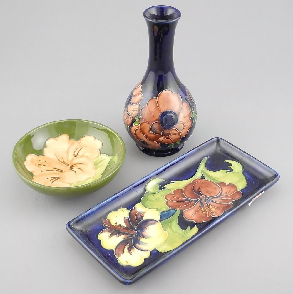 3 Pieces of Moorcroft Pottery: Hibiscus & Anemone, 7/8" - 6 1/8"h. (1 of 4)