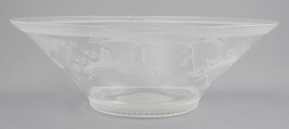 Orrefors Engraved Crystal Bowl Marked OF.H.213.25.B, 4" x 11 1/4" Diam. (rim chipped).: Orrefors Engraved Crystal Bowl Marked OF.H.213.25.B, 4" x 11 1/4" Diam. (rim chipped).