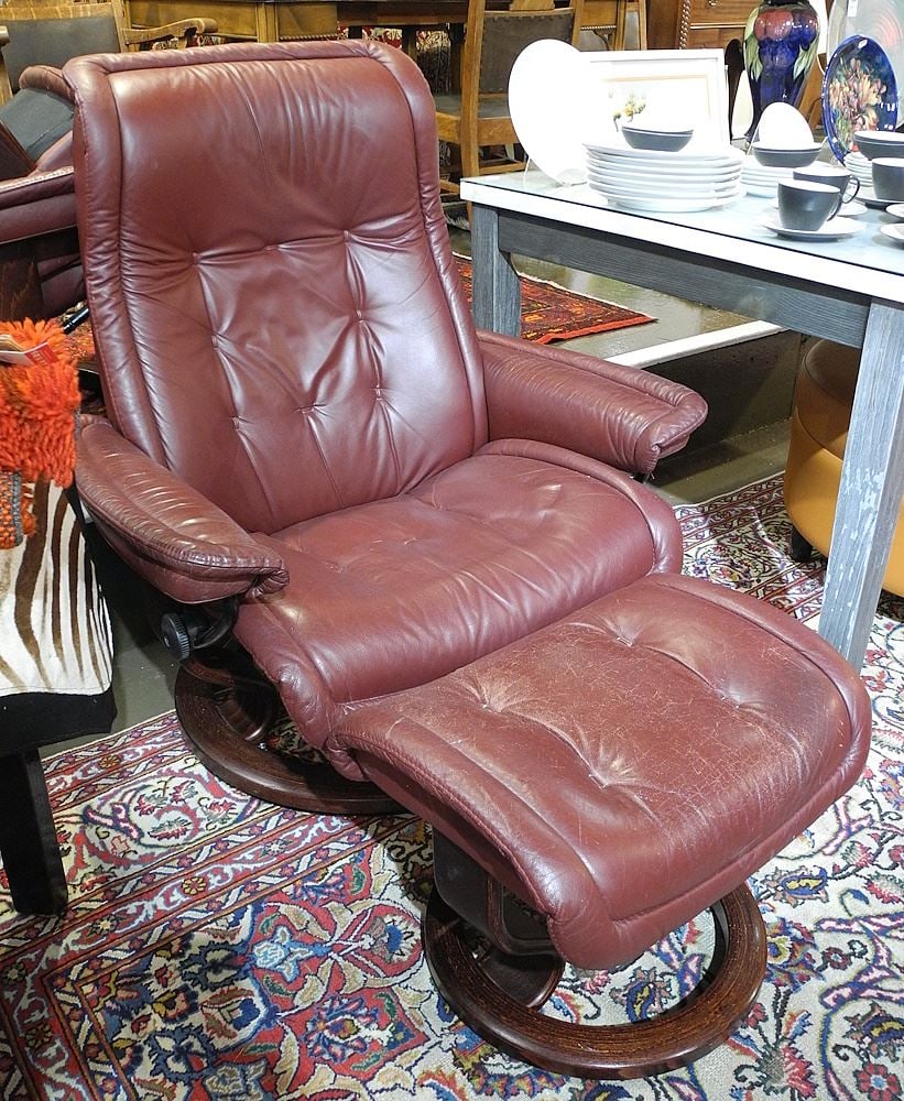 Pair of Burgundy EKORNES Stressless Lounge Chairs with Foot Stools (gently used). (1 of 2)