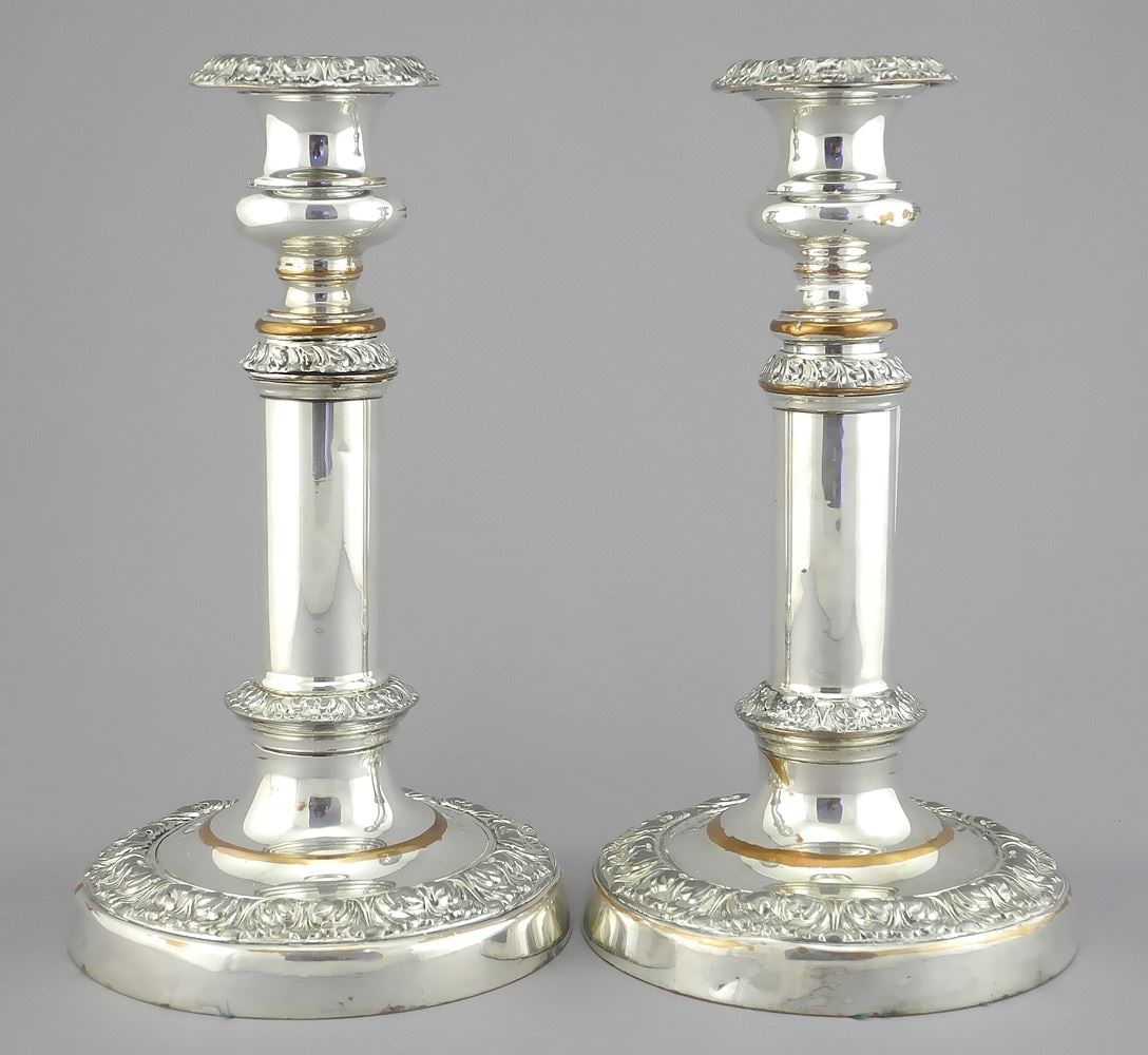 Pair of Telescopic Old Sheffield Plate Candlesticks, 8 - 10 1/8"h. (1 of 2)