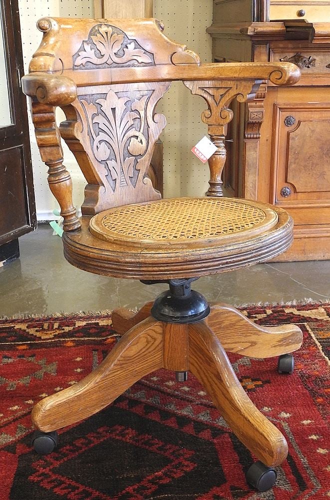 Late 19th C. Carved Oak Steno Chair with Reversible Seat, 31 1/2"h.: Late 19th C. Carved Oak Steno Chair with Reversible Seat, 31 1/2"h.