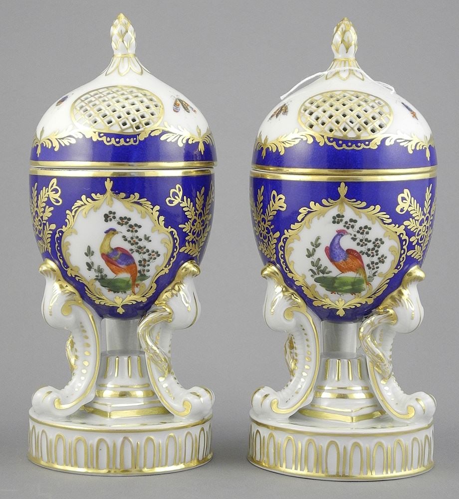 Pair of Dresden Porcelain Potpourri Urns, 7"h.: Pair of Dresden Porcelain Potpourri Urns, 7"h.