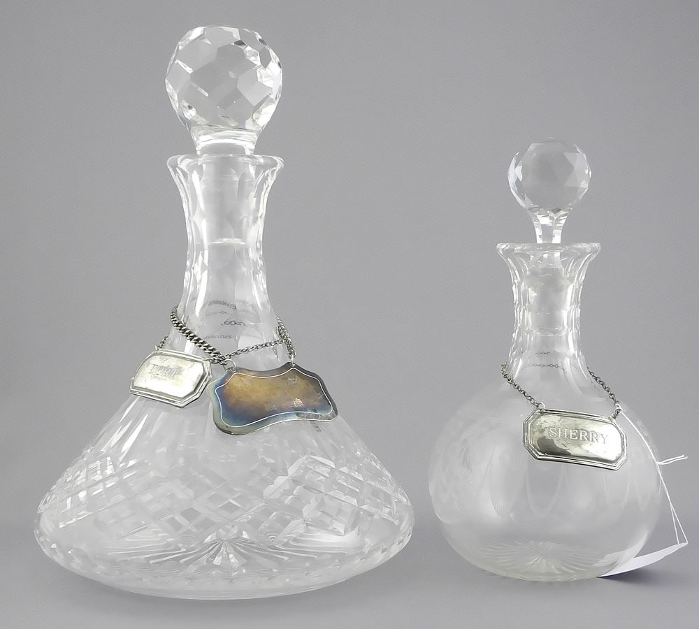 2 Crystal Decanters: Stuart (10 1/2" h) & Etched, 8 1/2"h with 3 Labels (2 silver). (1 of 4)