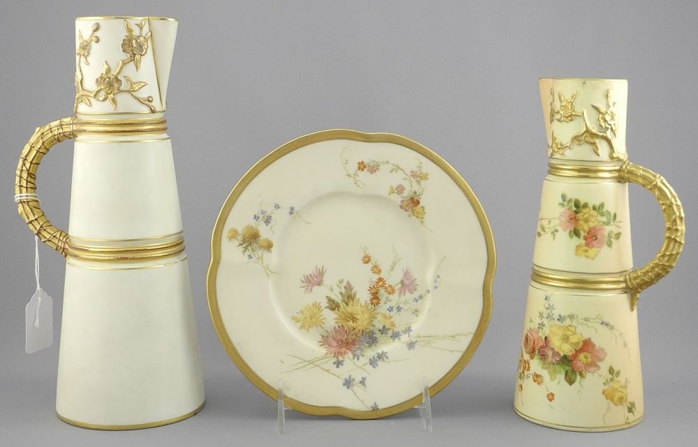 3 Royal Worcester Pieces: 7 1/2" Plate / 10 1/4" Pitcher / 8 3/4" Pitcher with Drilled Botto (1 of 5)