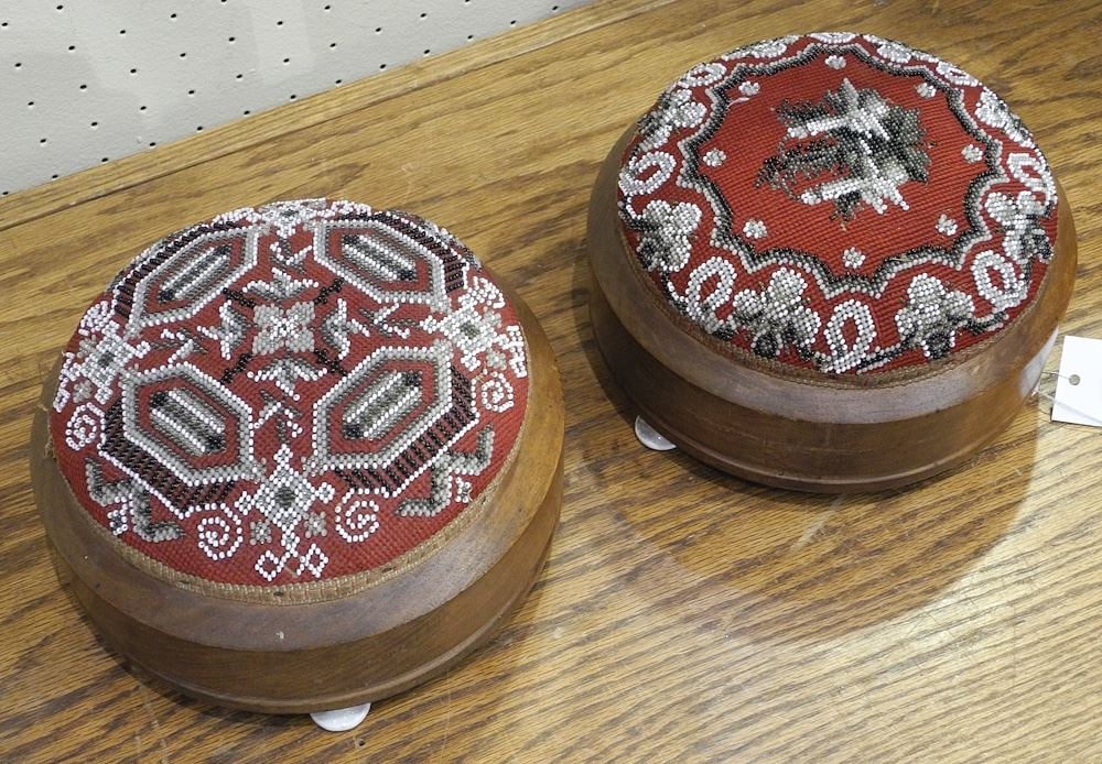 Pair of Victorian Beadwork Foot Stools with Porcelain Feet. (1 of 1)
