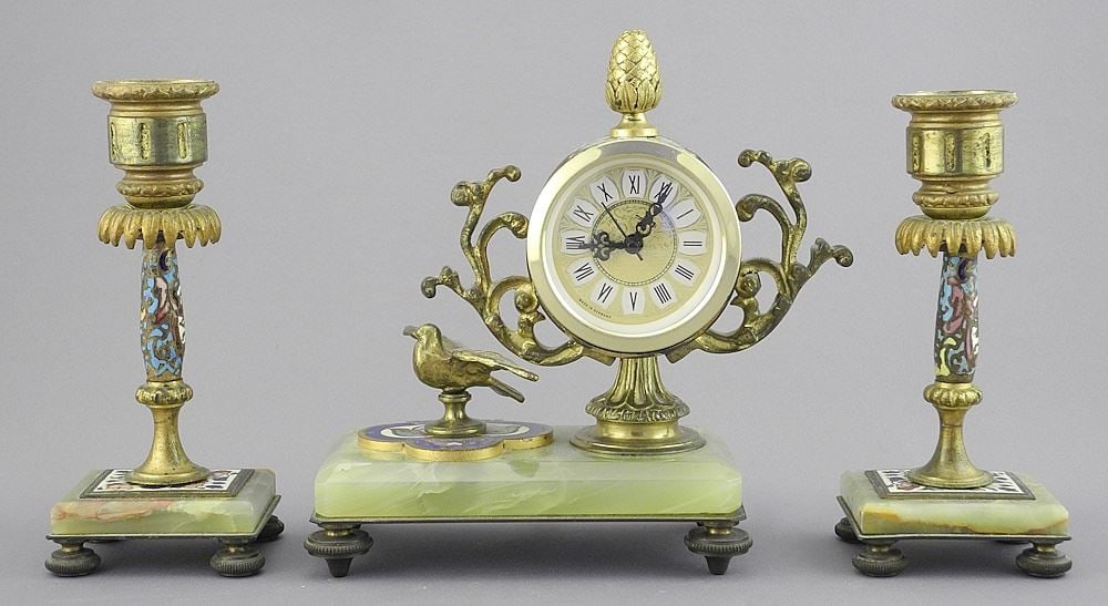 French Champleve Enamel & Onyx Clock Garniture, 5 5/8"h, Clock Replaced. (1 of 10)