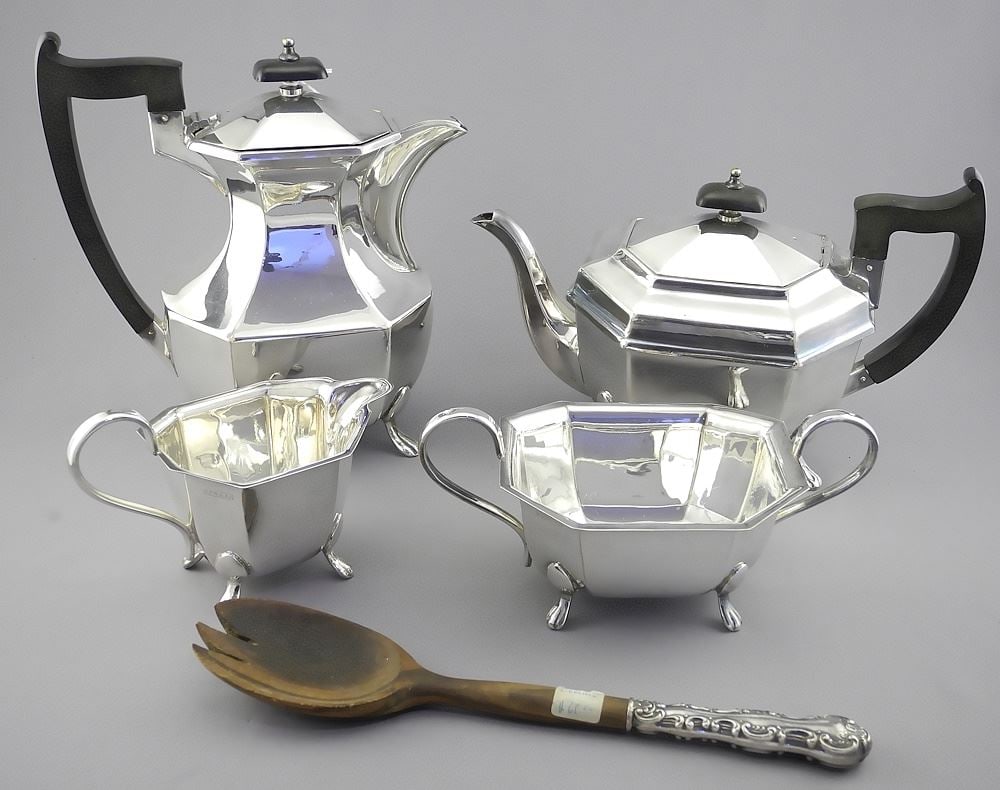 Four Piece Silver Plated Tea & Coffee Service (8 1/8"h) with Sterling Handle Salad Fork (1 of 5)