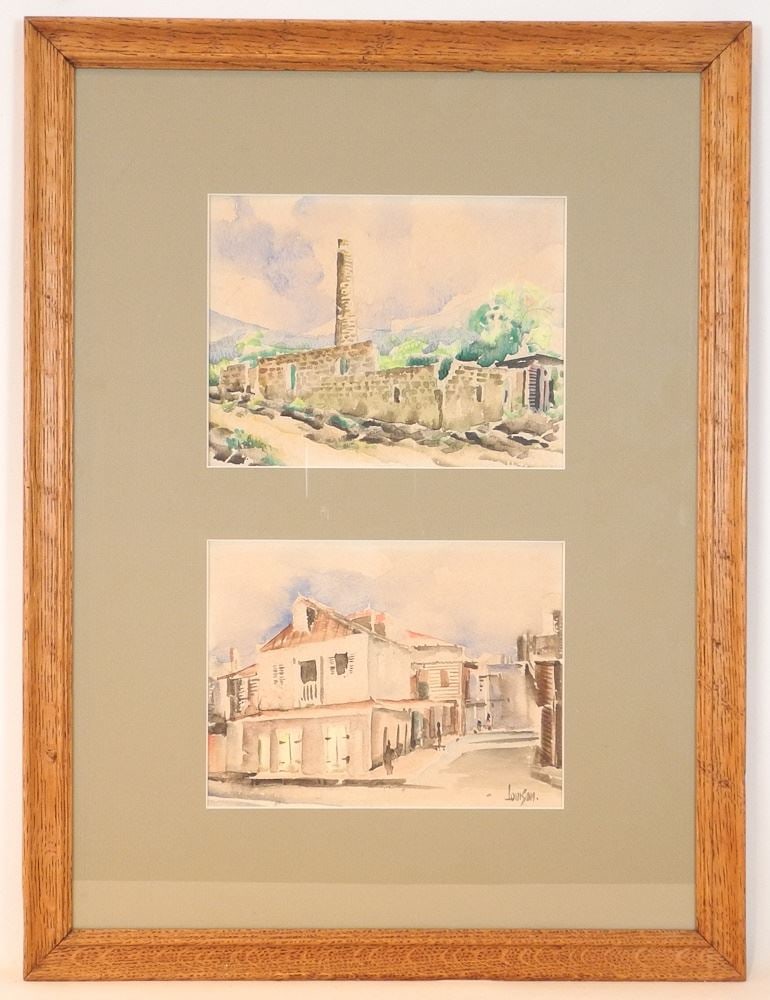 Two Watercolour signed Louison, 5 1/2" x 7 3/8", "Ruined Building & Street Scene". (1 of 3)