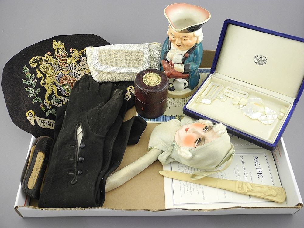 Collection of Antique Sundries: Hanger/Passenger List/Gloves/Cup & French Purse. (1 of 4)