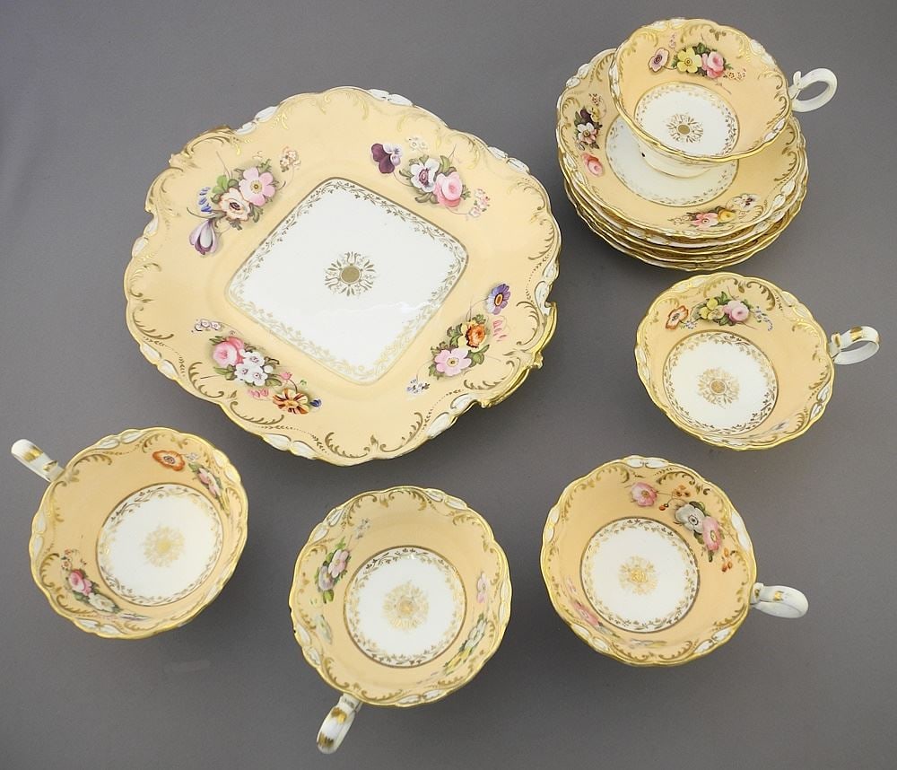 Mid 19th C. Part Tea Service: 5 Teacups & Saucers / 2 Dishes (1 chipped). (1 of 3)