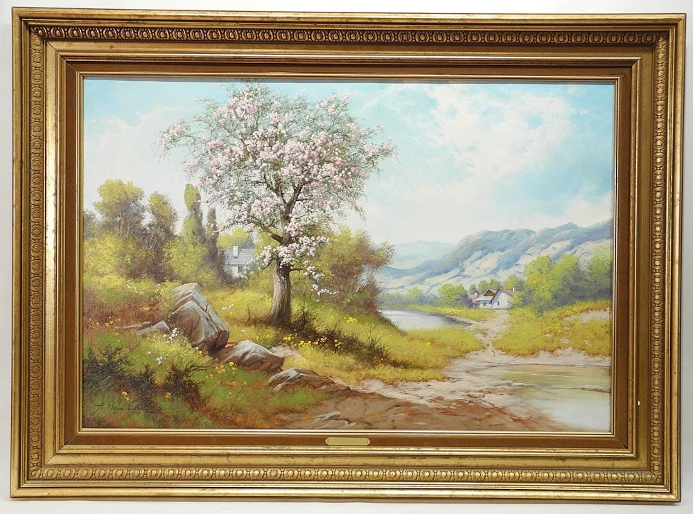 Oil on Canvas signed A. Bela Gabris, 24" x 36", "Hungarian Farm Houses".: Oil on Canvas signed A. Bela Gabris, 24" x 36", "Hungarian Farm Houses".