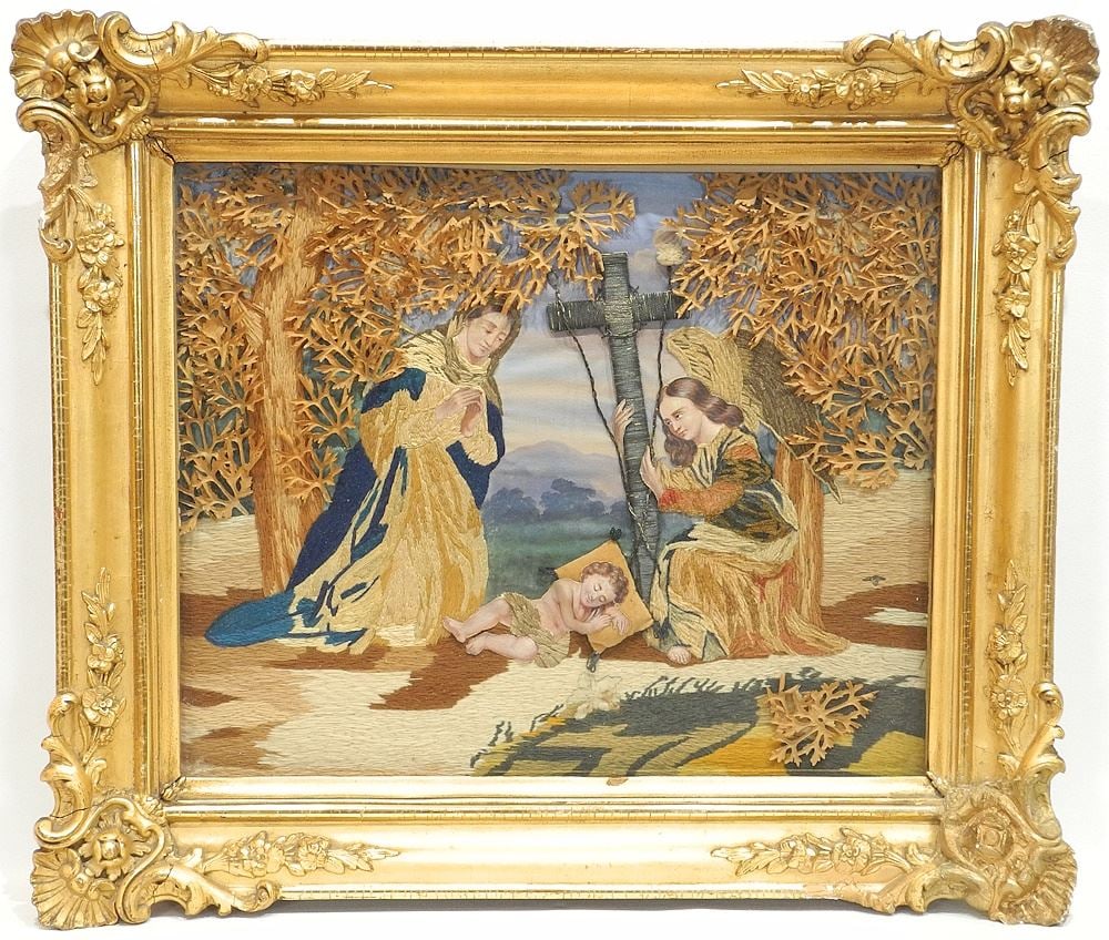 Gilt Framed 19th C. Needlework Diorama, 14 1/2" x 17 1/2" (corner noted). (1 of 5)