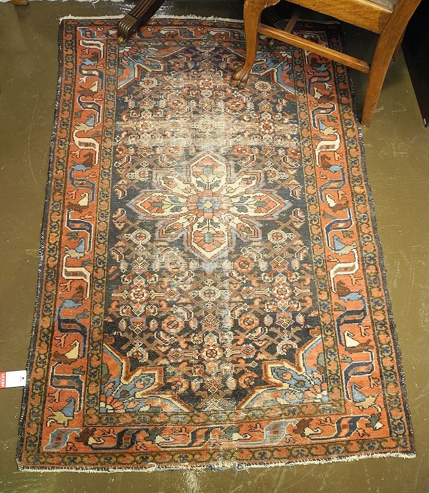 Old Hamadan Carpet Approximately 4'11" x 3'4" (as found/worn). (1 of 4)