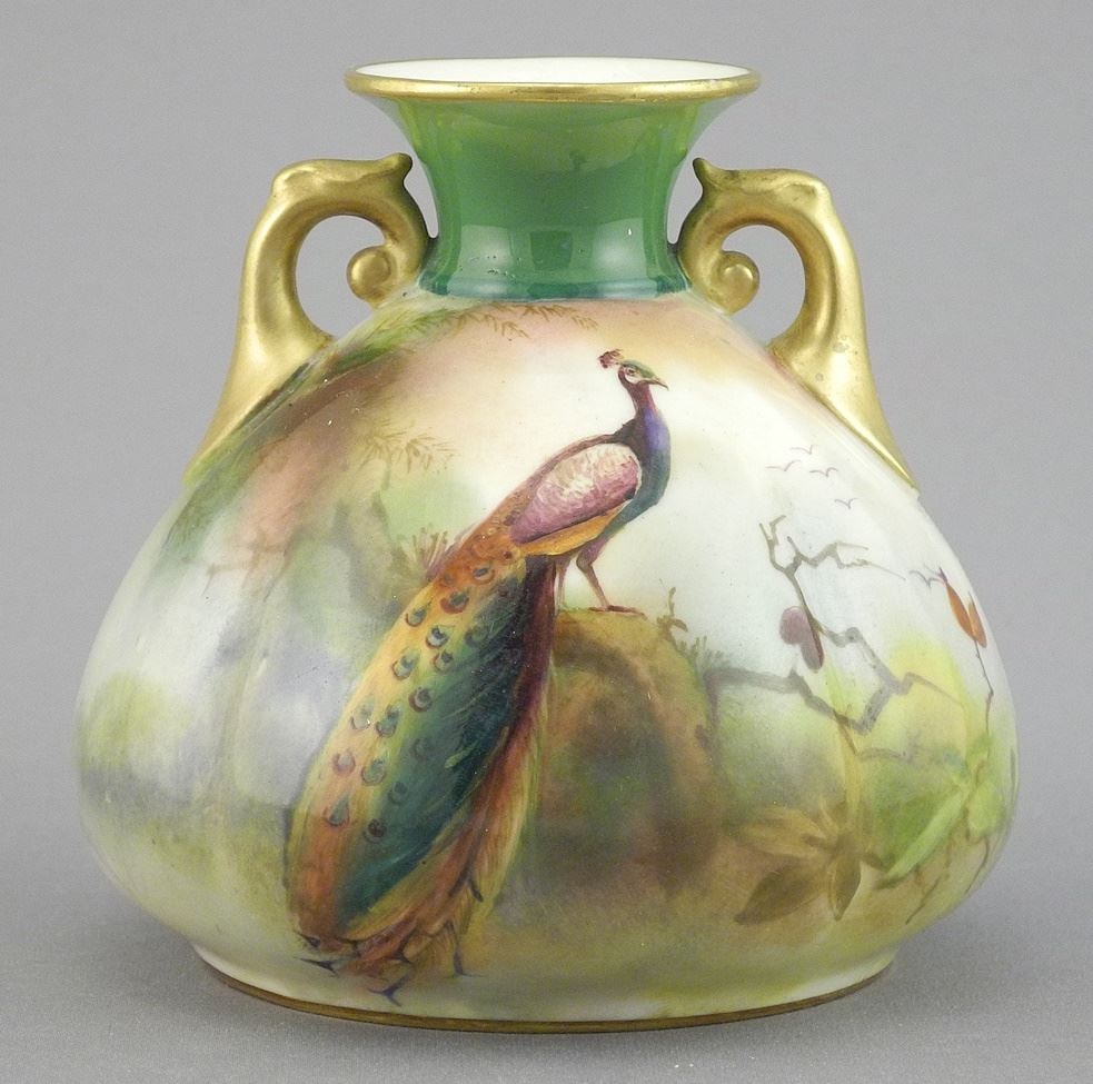 Royal Worcester China Peacock Vase, 3 3/8"h, Base Monogrammed.: Royal Worcester China Peacock Vase, 3 3/8"h, Base Monogrammed.