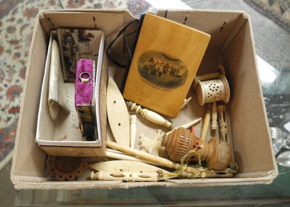 Collection of 19th C. Sewing Sundries: Bobbin / 1851CP Measure / Needle Case.: Collection of 19th C. Sewing Sundries: Bobbin / 1851CP Measure / Needle Case.