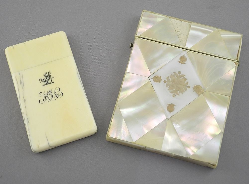 Two Card Cases: Mother of Pearl & Natural, 4 1/8" & 3 3/8"h (pieces missing) NO EXPORT. (1 of 3)