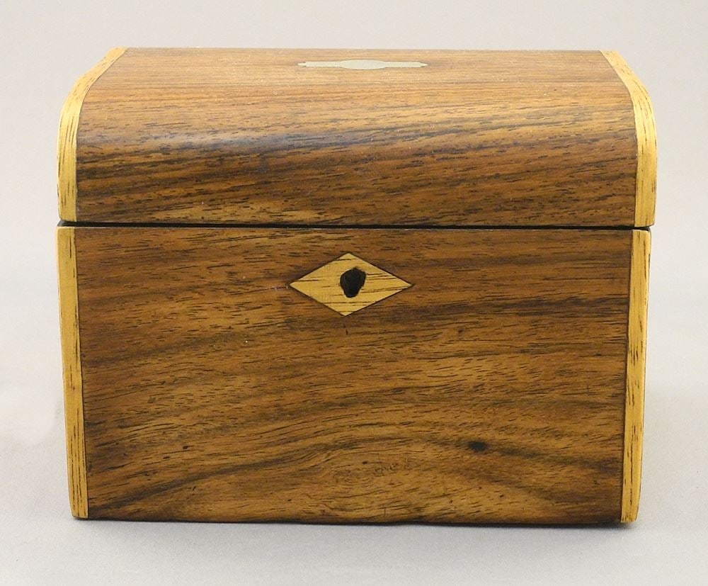 Banded Mahogany Tea Caddy, 4 1/4" x 5 5/8" x 4 3/4".: Banded Mahogany Tea Caddy, 4 1/4" x 5 5/8" x 4 3/4".