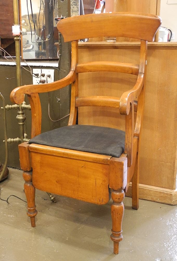 19th C. Canadian Maple Commode Chair with Minton's Pottery Receiver , 42"h.: 19th C. Canadian Maple Commode Chair with Minton's Pottery Receiver , 42"h.