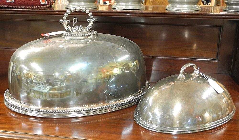 Two Silver Plated Domed Dish Covers, 18 1/2" & 12 1/4"L. (1 of 1)