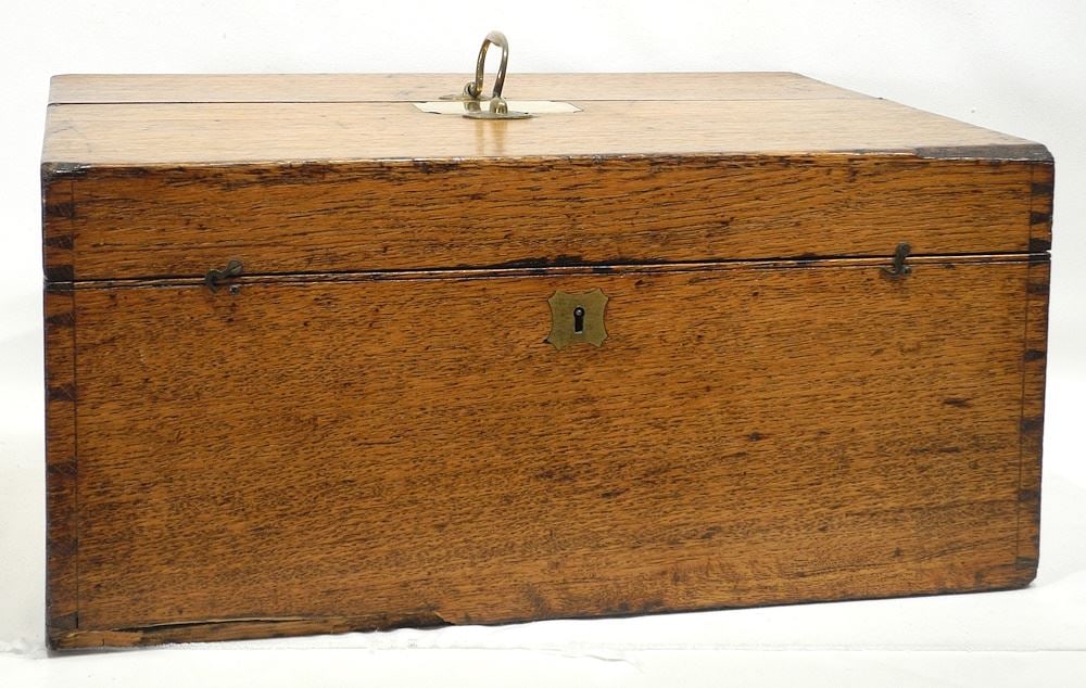 19th C. Oak Silver Chest (empty), 8 3/4 x 18 3/4 x 15 1/2". (1 of 4)