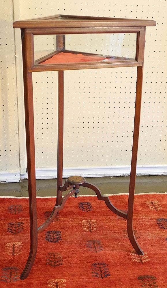 Edwardian Triangular Inlaid Mahogany Specimen Table, 32"h.: Edwardian Triangular Inlaid Mahogany Specimen Table, 32"h.