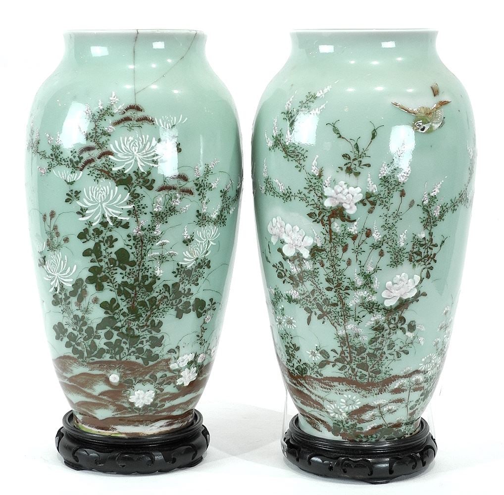 Pair of Japanese Enameled Celadon Porcelain Vases, 14 1/2" (1 restored ). (1 of 11)