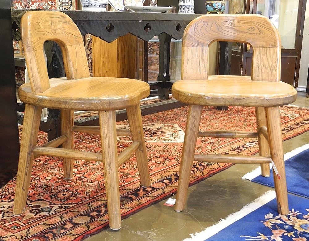 Pair of 30"h Chinese Elm Wood Chairs: Pair of 30"h Chinese Elm Wood Chairs
