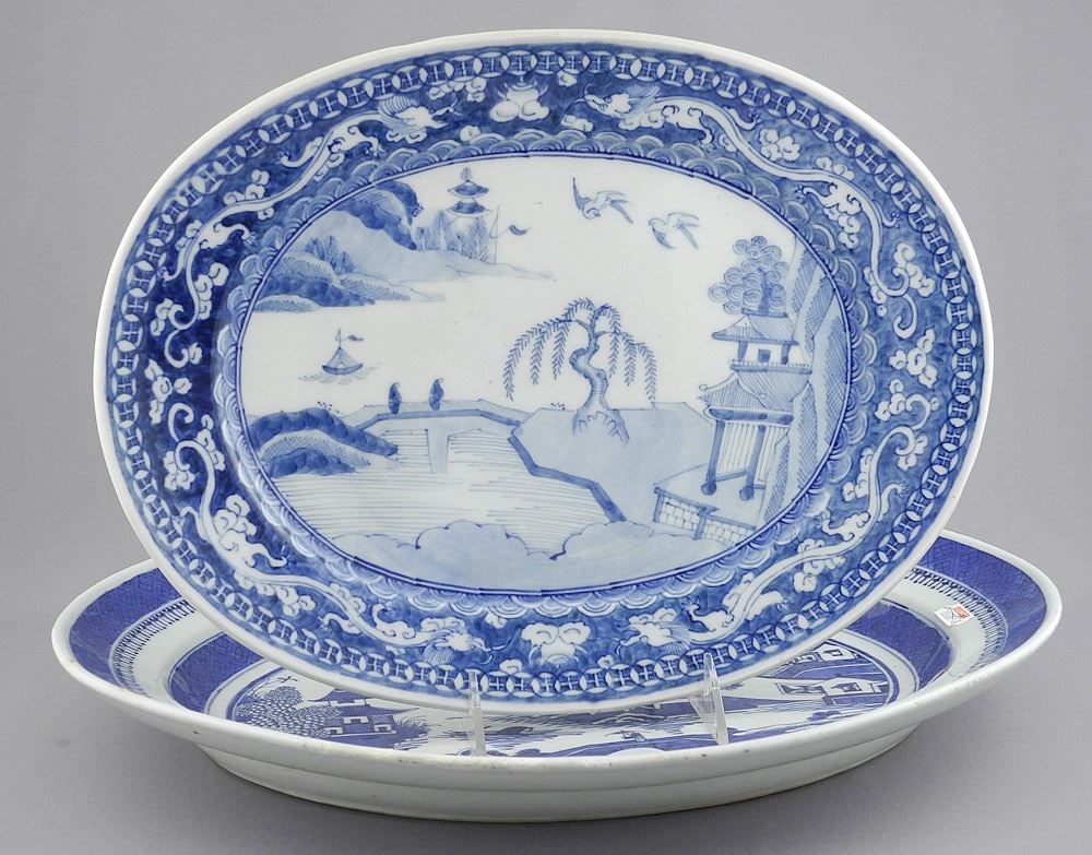 Two 19th C. Chinese Export Porcelain Blue & White Oval Platters, 13 3/4" & 16 1/8"w. (1 of 7)
