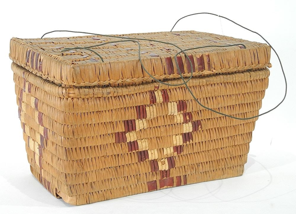 Salish Rectangular Covered Basket with Cord Closure, 14"w (as found). (1 of 4)