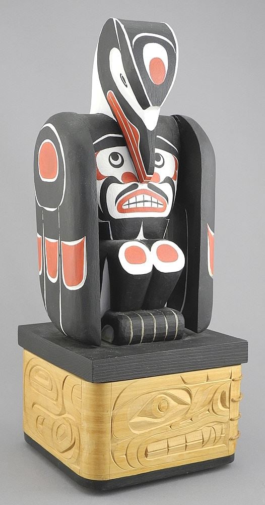Kwagiulth Bentwood Box Sculpture Signed Gerz Peterson, 14" x 5 5/8" x 5 5/8". (1 of 5)