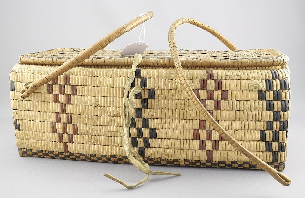 Rectangular Salish Beaded & Imbricated Covered Basket, 14 1/2"L (handle noted). (1 of 4)