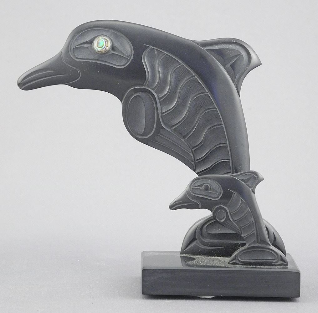 Haida Argillite Sculpture signed Myles Edgars, 4"h, "Haida Dolphins".: Haida Argillite Sculpture signed Myles Edgars, 4"h, "Haida Dolphins".