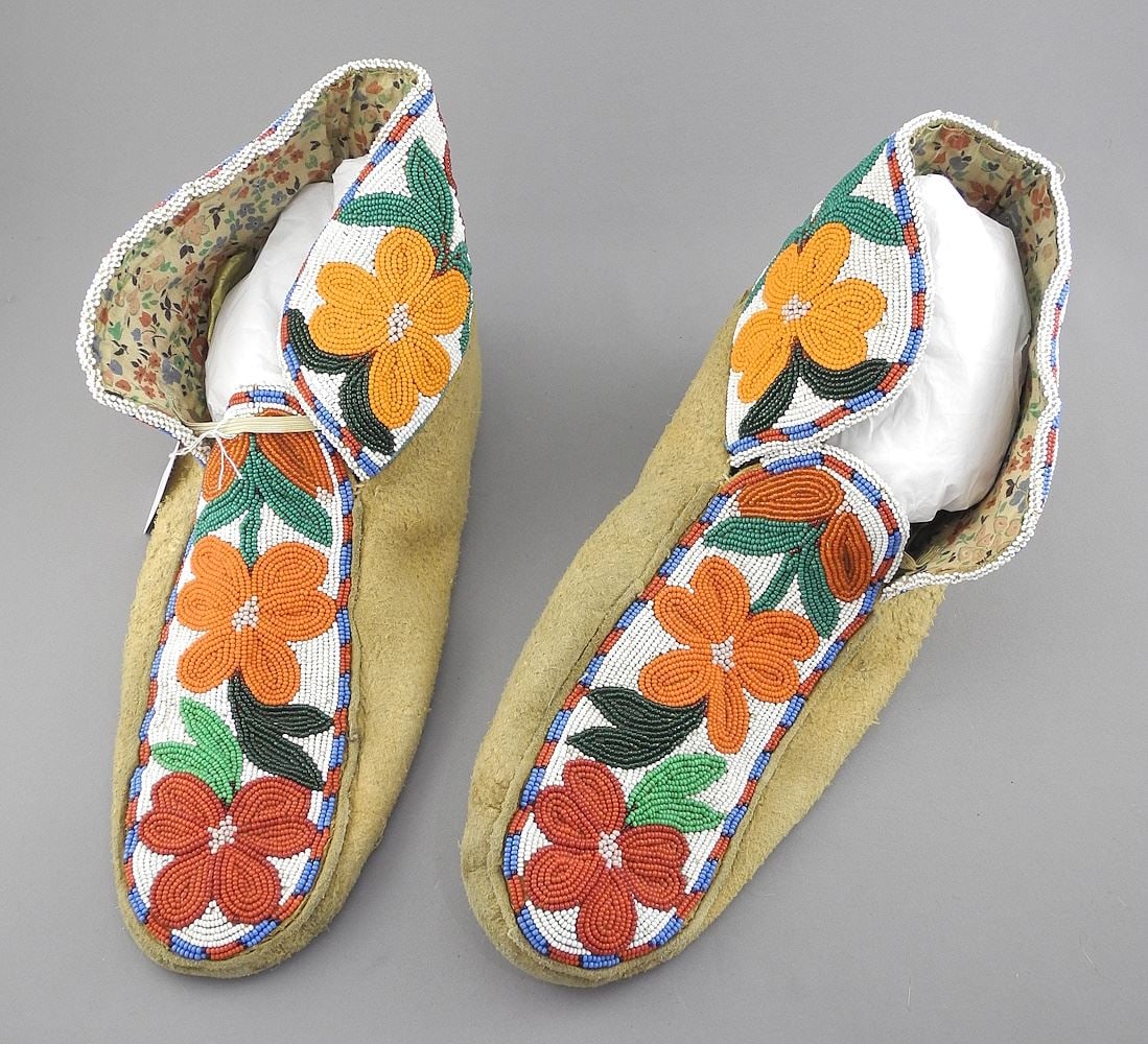 Pair of Cree Beaded Boots Acquired Alberta 1965, 12 1/2"L.: Pair of Cree Beaded Boots Acquired Alberta 1965, 12 1/2"L.