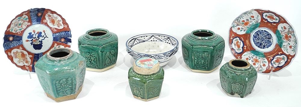 Collection of Green Glazed Pottery Ginger Jars & Asian Ceramics.: Collection of Green Glazed Pottery Ginger Jars & Asian Ceramics.