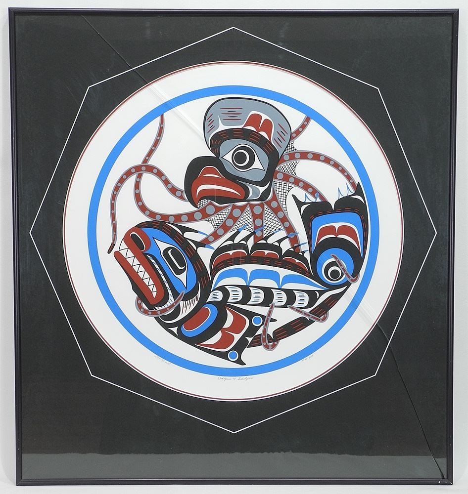 Kwagiulth Serigraph signed E.A. (Eugene) Hunt, 19 1/2" Diam., "Octopus & Sculpin" #154/2 (1 of 3)
