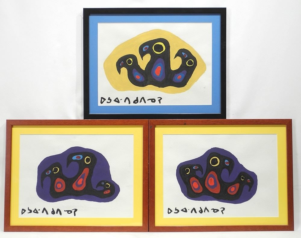 Three Acrylic on Paper After Norval Morrisseau, 10 3/8" x 14 1/4, "Bird Subjects".: Three Acrylic on Paper After Norval Morrisseau, 10 3/8" x 14 1/4, "Bird Subjects".