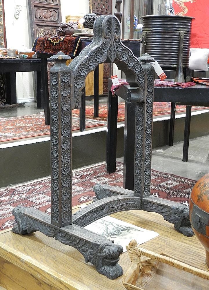 Anglo Indian Chip Carved Wood Gong Stand, 29 1/4" x 18 3/8" x 19 1/2". (1 of 2)