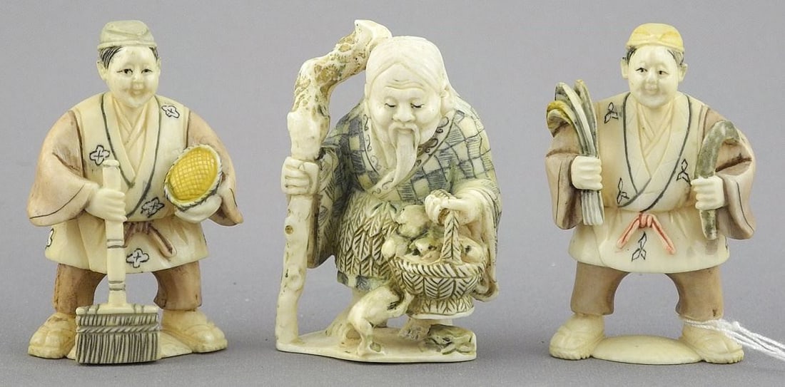 Three signed Japanese Netsuke, 2 - 2 1/8"h, NO EXPORT. (1 of 3)