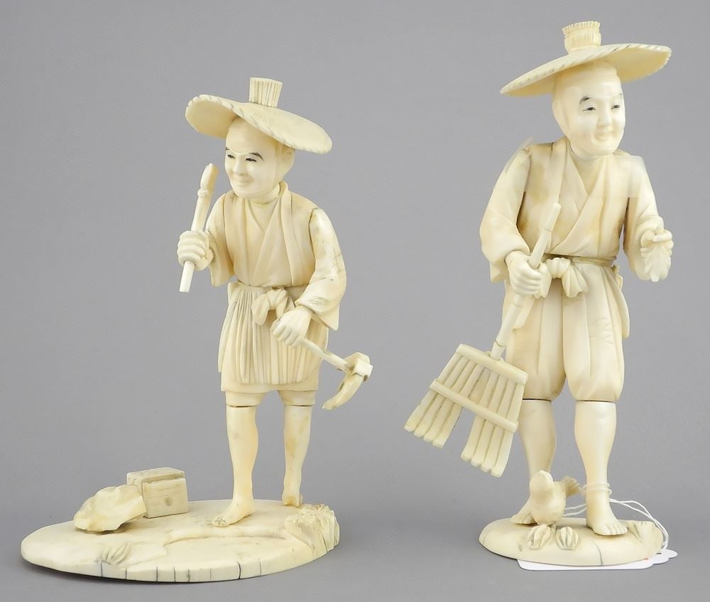 Two Meiji Okimono, 6 1/8" & 5 1/2"h, NO EXPORT (losses noted).: Two Meiji Okimono, 6 1/8" & 5 1/2"h, NO EXPORT (losses noted).