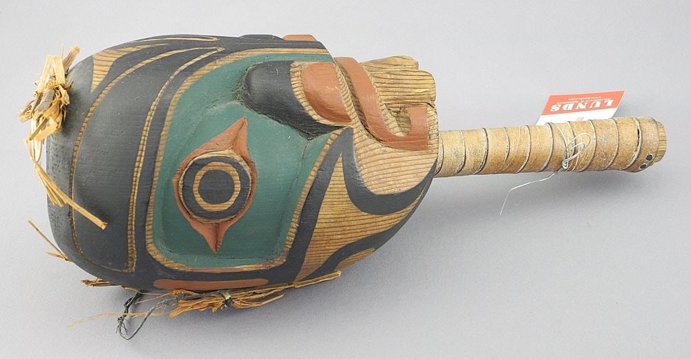 Kwagiulth Cedar Beaver Rattle, Handle Base Monogrammed, 10 3/8"L.: Kwagiulth Cedar Beaver Rattle, Handle Base Monogrammed, 10 3/8"L.