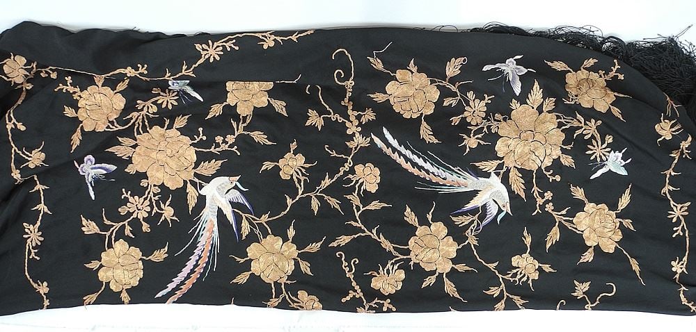 Black Rayon & Couched Gold Thread Piano Shawl, Central Section 50" x 50".: Black Rayon & Couched Gold Thread Piano Shawl, Central Section 50" x 50".